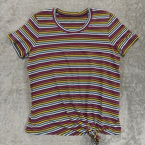 Madewell Knot-Front Tee Rainbow Stripe Retro Crew Neck Cotton Shirt Women Size S
